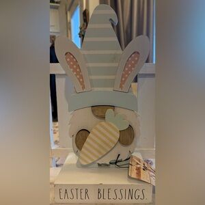 Wooden Rae Dunn Easter Bunny Decor with Striped Hat